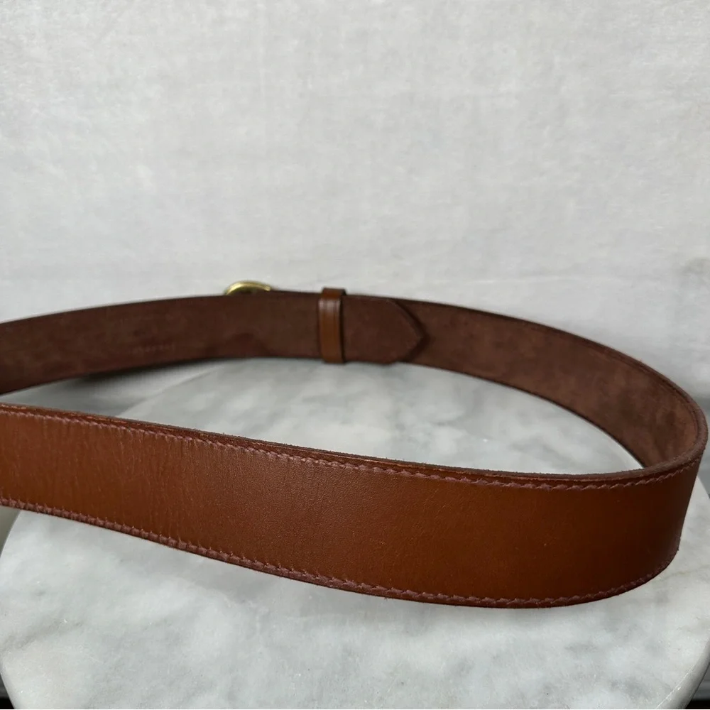 44 Brown dark Leather Belt gold buckle vintage brass ranger‎ western wide